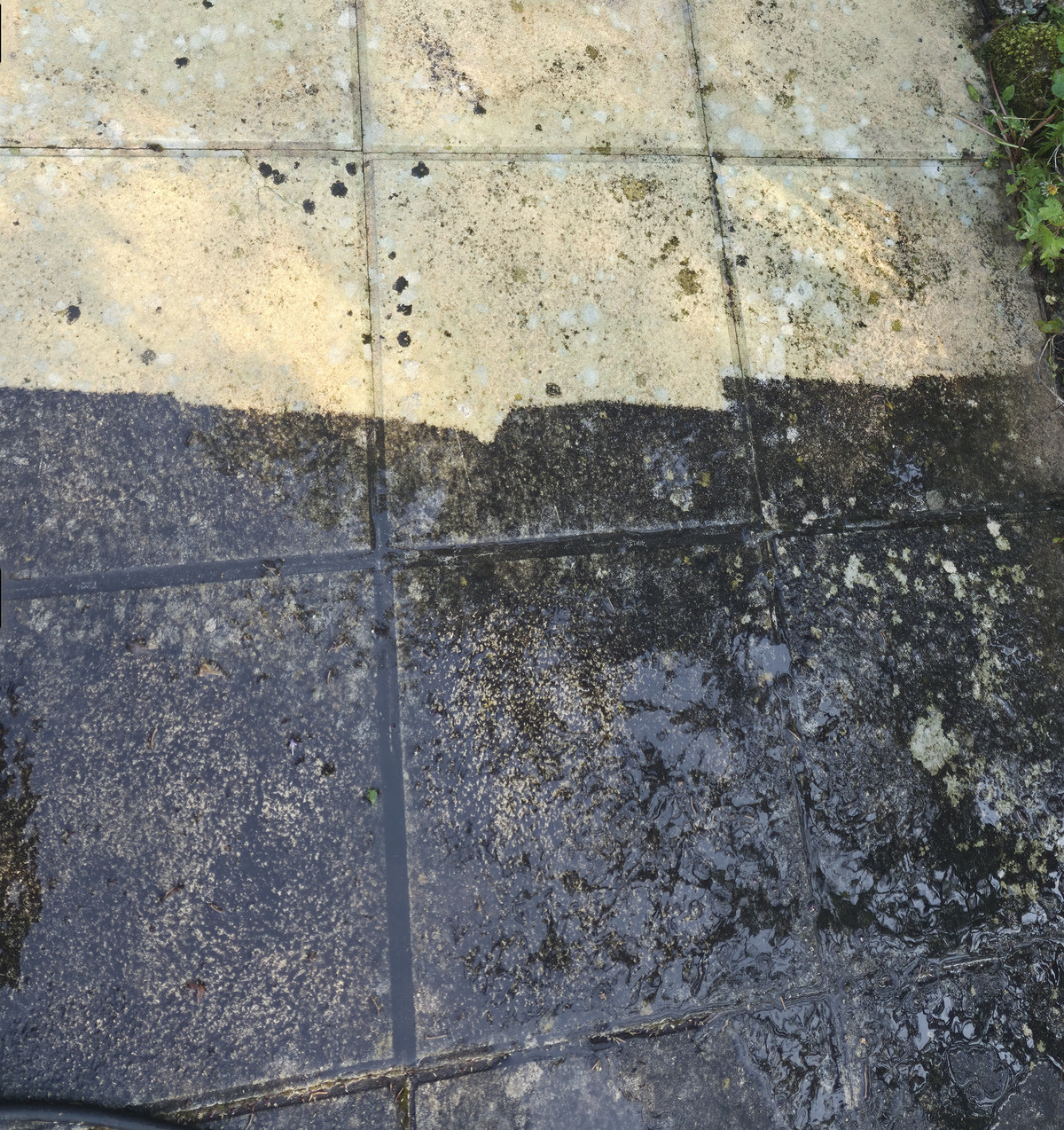 Terrasse en cours de nettoyage par CleanVue, démarcation propre/sale visible
